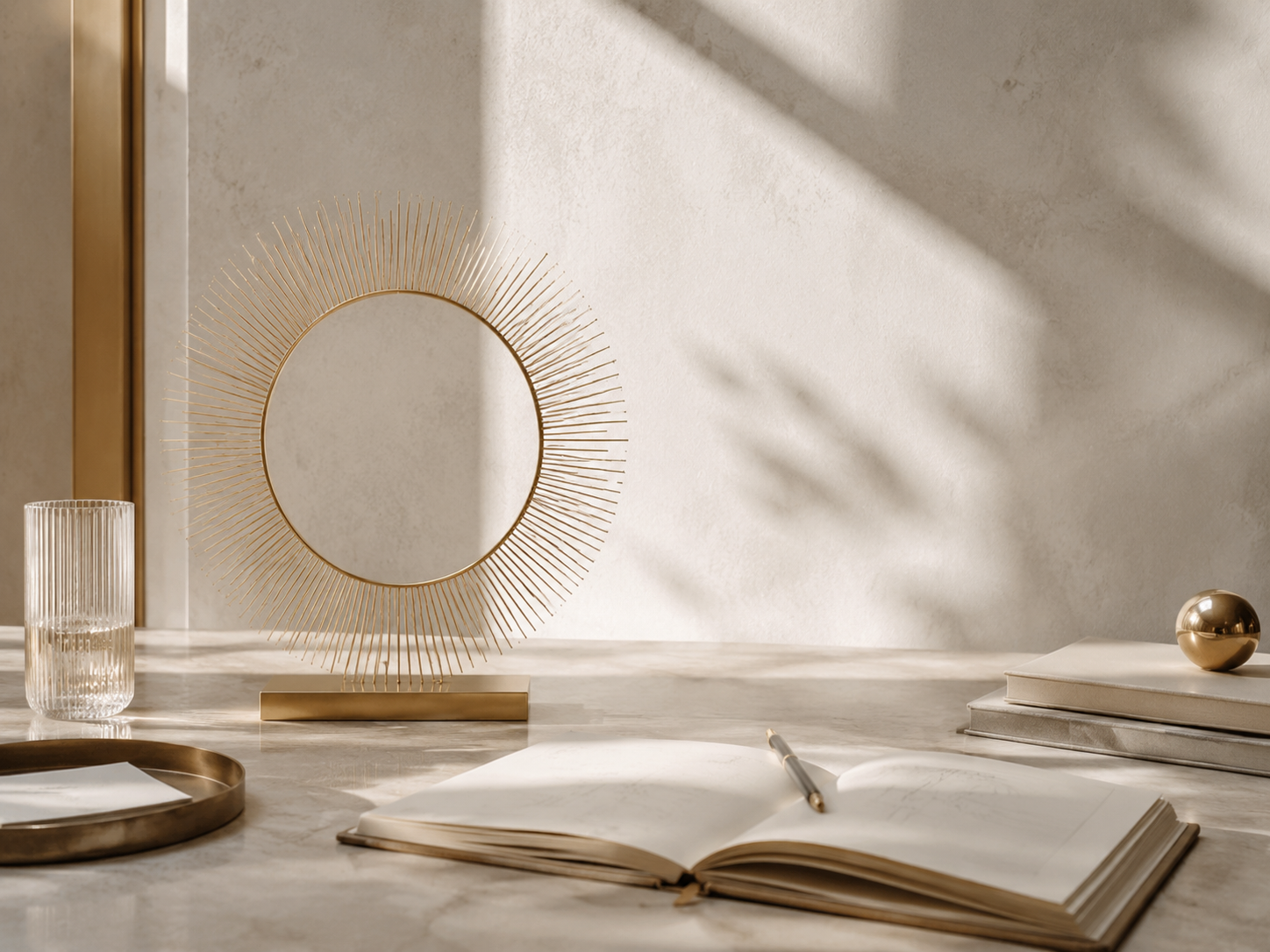 Sunlit ivory strategy workspace with a sculptural gold sun motif and open notebook